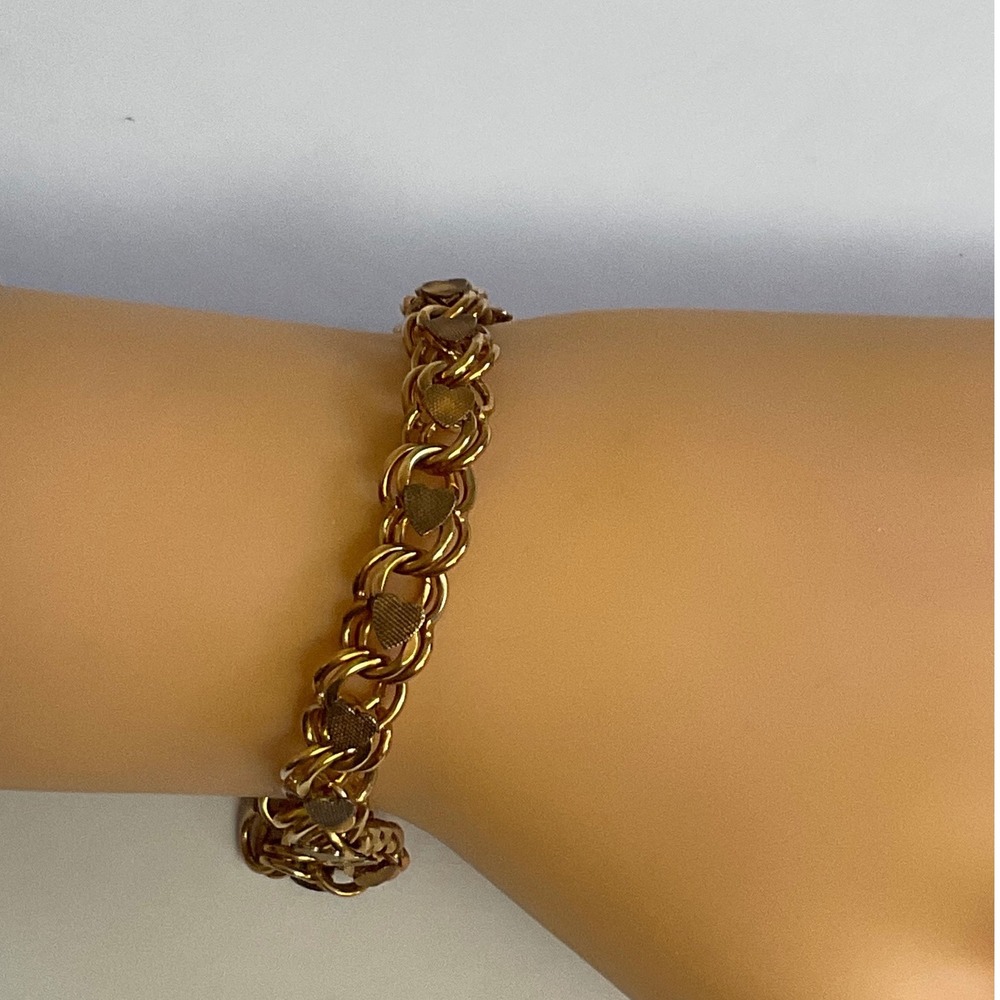 Heart Double Link Charm Bracelet 6.5 Inch Gold Plated Vintage
